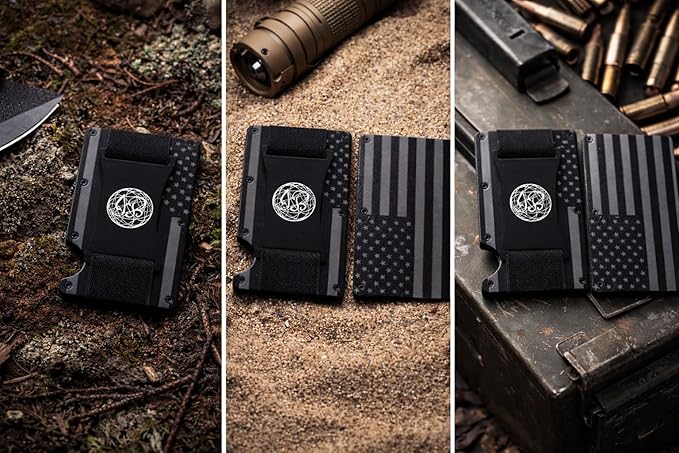 Black & Gray American Flag Engraved, Minimalist Wallet, RFID Blocking Aluminum Slim Wallet (Gray Strap with 3 V.Band)