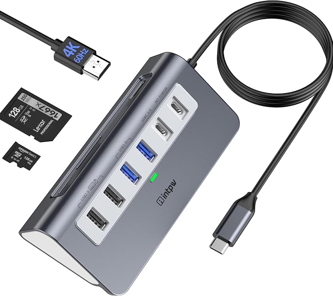 intpw USB C Hub, P9 USB C Hub Multiport Adapter with 4K@60Hz HDMI, PD 100W, Type-C & 2 USB A 3.0 5Gbps, 2 USB A 2.0, SD/TF Ports, Aluminum USB Hub for Laptop, iPhone 17 Series, MacBook, iPad