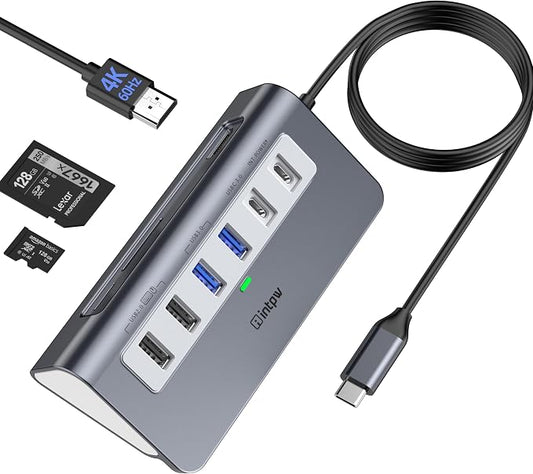intpw USB C Hub, P9 USB C Hub Multiport Adapter with 4K@60Hz HDMI, PD 100W, Type-C & 2 USB A 3.0 5Gbps, 2 USB A 2.0, SD/TF Ports, Aluminum USB Hub for Laptop, iPhone 17 Series, MacBook, iPad
