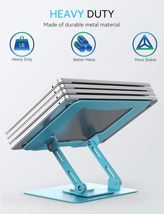 SOUNDANCE 360 Rotating Laptop Stand, Ergonomic Computer Riser for Desk, Adjustable Height Multi-Angle Metal Holder, Foldable Portable Notebook Elevating Base for Office & Home, Blue