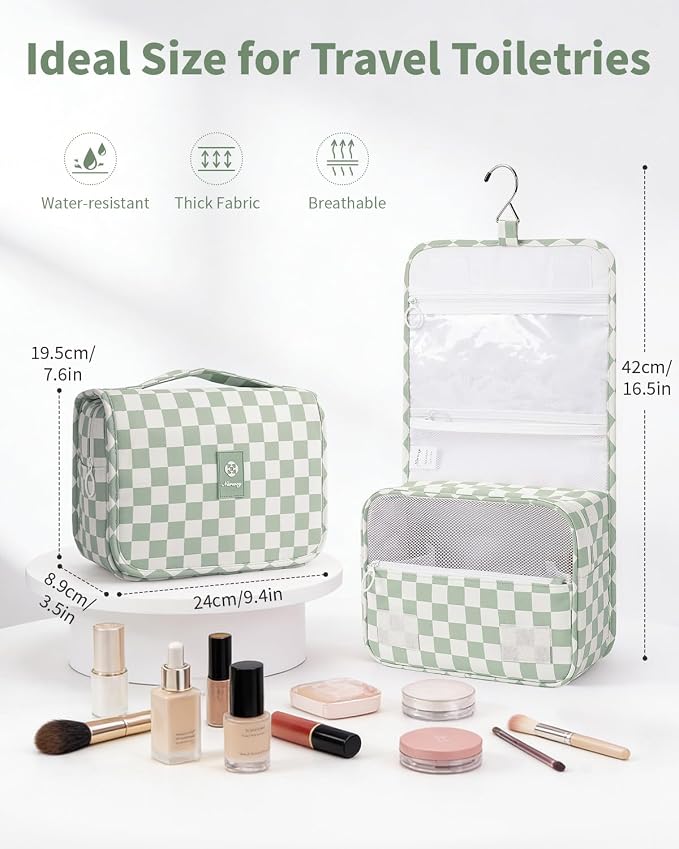 Narwey Small Hanging Travel Toiletry Bag for Traveling Women, Checkered Travel Bag for Toiletries, Makeup Bag Organizer Make Up Cosmetic Bags, Gifts for Kids Teen Girls (Mint Green Checkerboard)