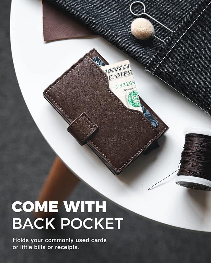 VULKIT Slim Bifold Pop up Wallet Minimalist Leather Card Holder RFID Blocking Metal Card Case with ID Window for Women | with Leather Slots, RFID Blocking, Slim, Metal Card Case