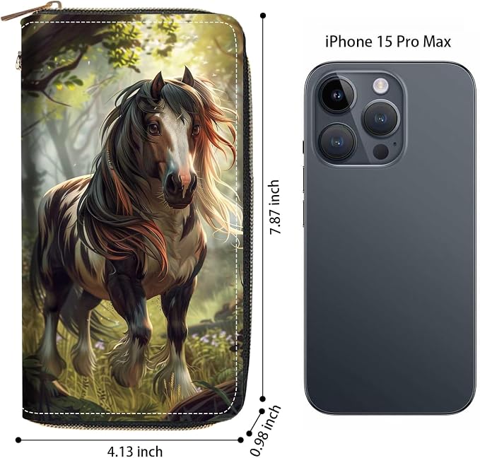 Women's Large Capacity Wallet PU Leather Zip Around Clutch Purse Multifunctional Wallet with Removable Wristlet Strap for Smart Phone/Coin/Card/Cash, Horse