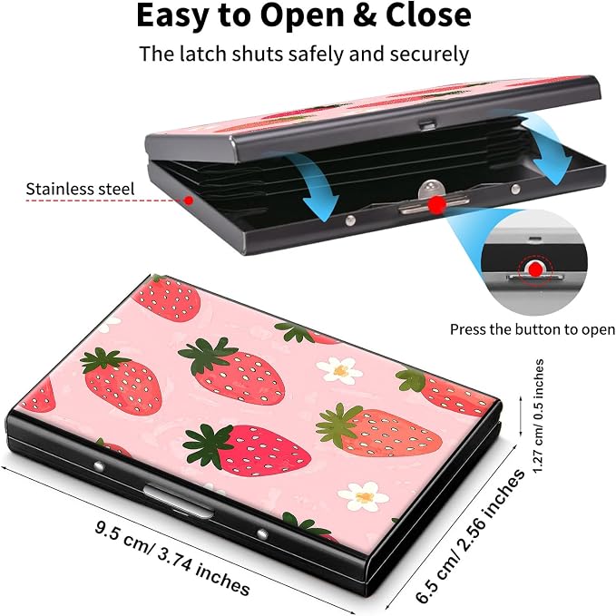 Metal Wallet,Credit Card Holder for Women Men,RFID Blocking Card Holder Mini Slim Aluminum Wallet ID Case Hard Case Business Card Holder Case,Cartoon Strawberry Pink