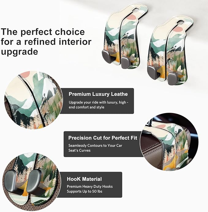 CoBak Purse Hook for Car - Universal Premium Stitched Leather and Aluminum-Magnesium Alloy Double Car Seat Back Storage Hook for Purses, Handbags, Bags (2 Pack),Mountain Calm