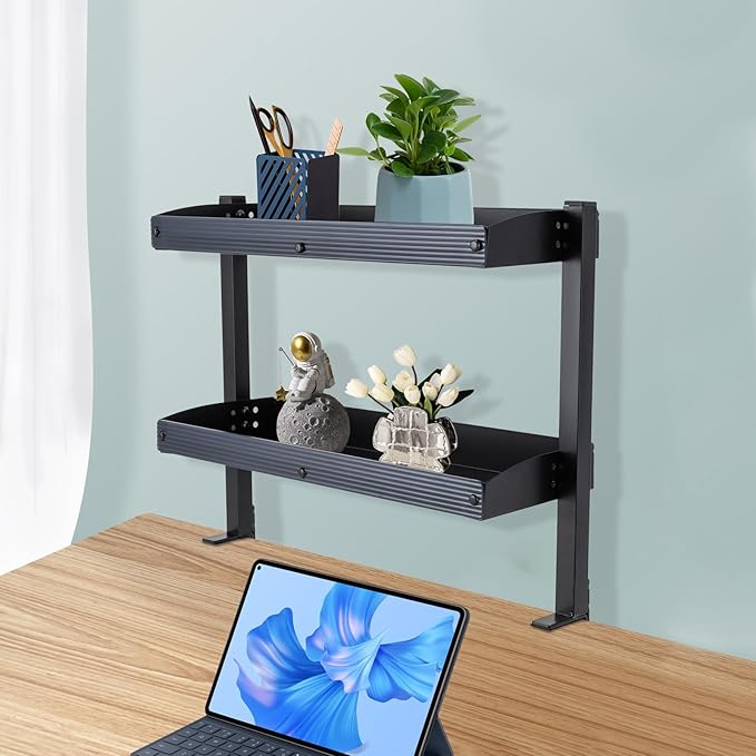 Clamp-on Desk Extension Shelf, 2 Tier Shelving Unit Above Desk, Carbon Steel 22lbs Strong Capacity Desk Organizer, Desktop Organizer Display Rack Storage Tray Desk Shelf, 17.32*15.47*6.in (black)