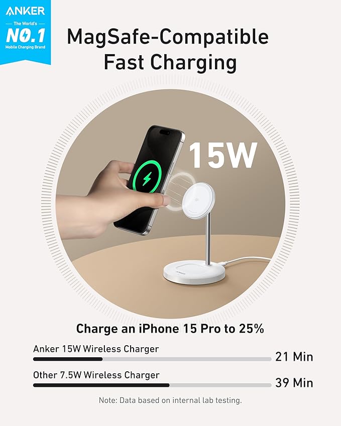Anker MagSafe Compatible MagGo Charger Stand, iPhone 17 Wireless Charger, 2-in-1 Charging Station, Qi2 Certified 15W Fast Charging, for iPhone 17/16/15/14/13, AirPods Pro (White, with Cable)