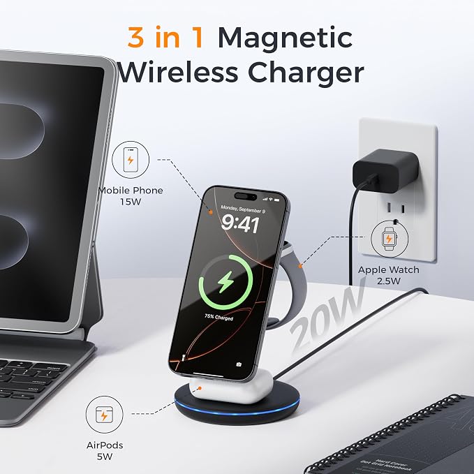 TESSAN 3 in 1 Charging Station Compatible with MagSafe, Magnetic Wireless Charger Stand for iPhone 17/16/15/14/13 Series, Charging Dock for Apple Watch & AirPods, Includes Cable and 20W Adapter