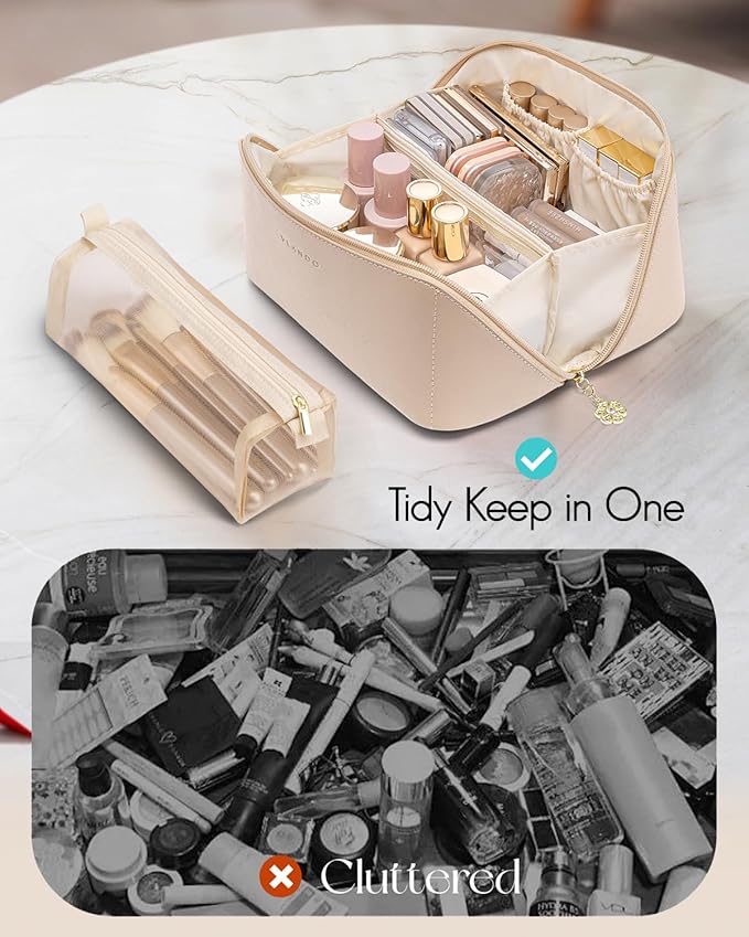 VLANDO Makeup Bag,Travel Toiletry Bag,Cosmetic Bag for Women PU Leather Portable Make up Bag for Skincare, Brushes & Travel Essentials-Toffee