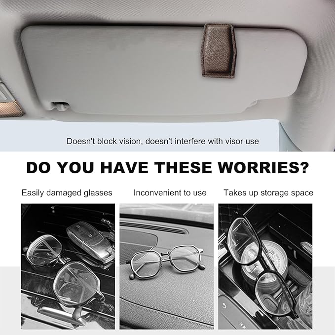 2PCS Sunglasses Holders for Car Sun Visor, Magnetic Leather Auto Visor Glasses Organizer Ticket Card Clip, Universal Eyeglasses Hanger Mounter for Most Cars, Trucks, SUVs (Coffee)