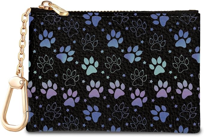 Dog Paw Cute Keychain Coin Purse for Women, Small PU Leather Change Pouch, Zipper Little Travel Credit Card Wallet for Girls, Tiny Zip Pocket Coin Holder with Key Ring for Ladies Gifts