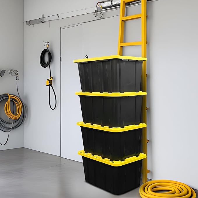 BLACK & YELLOW 27-Gallon Storage Bin with Snap-on Lid, Heavy Duty Plastic Storage Bins with Lid, Stackable, 2 Pack