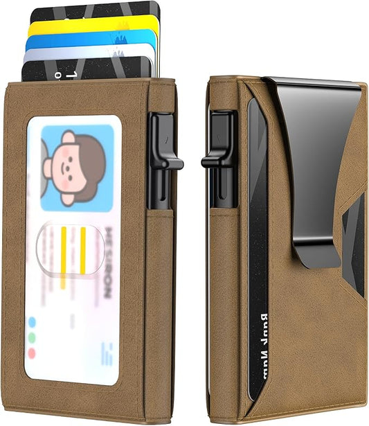 Wallet for Men Slim Minimalist Pop-up Smart Holds 5-6 Cards - RFID Blocking Metal with Money Clip, Credit Card Holder & ID Window,Business Card Cases, men accessories (Brown)
