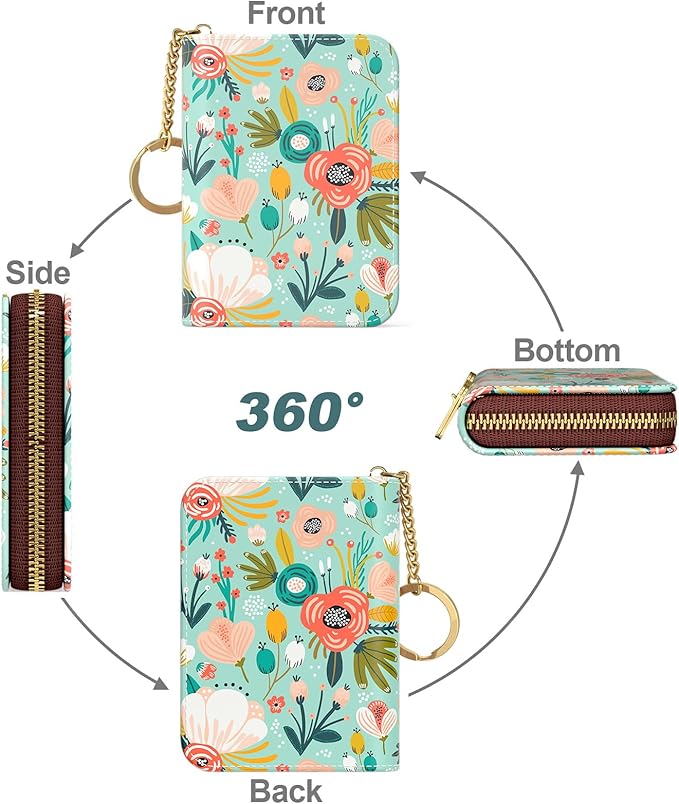 Nipichsha Women's Credit Card Holder Wallet, Green Flower, Leather, Compact, Slim, 12-Slot, RFID Blocking