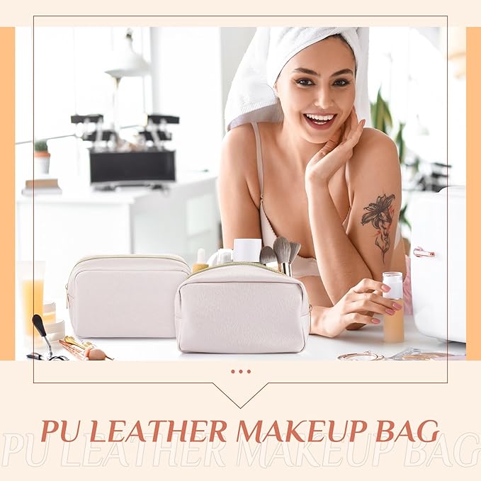 Sweetude 10 Pcs Makeup Bag Bulk for Women Preppy Gift PU Leather Cosmetic Bag Small Skincare Toiletry Pouch Mother Travel Cosmetic Pouch for Bridesmaid Bride Wedding Gift Favors (Ivory)