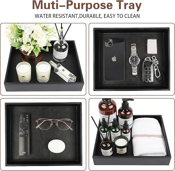 Leather Valet Organizer for Men – Black Catchall for Wallet, Keys, EDC, Jewelry, and Perfume – Nightstand, Dresser, and Bathroom Vanity Storage