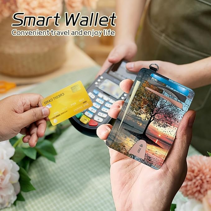 Small Travel Wallets, Day and Night Art Tree Slim Minimalist Front Pocket Wallet with Wristlet, RFID Blocking PU Leather Credit Card Holder with ID Window Change Purse for Men Women