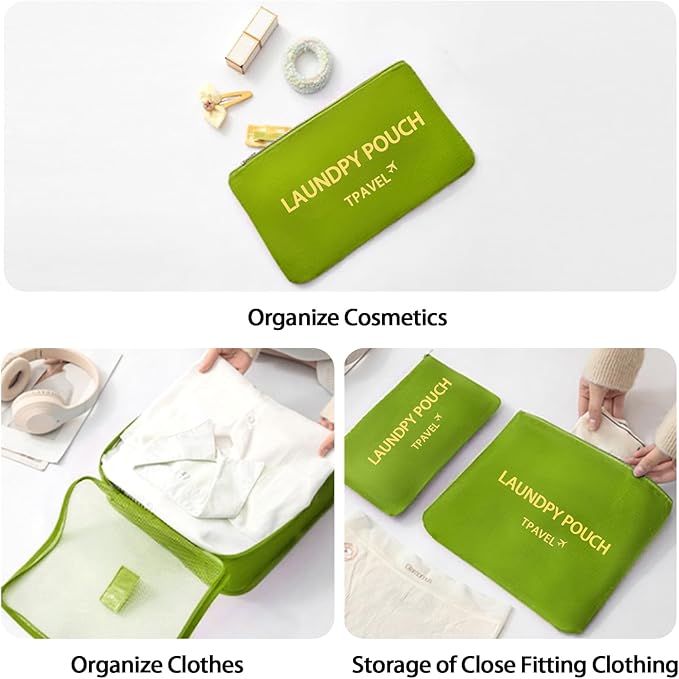 6 Set Packing Cubes for Travel Luggage Packing Bags Reusable Waterproof Suitcase Organizer Bags Set with Shoe Bag and Toiletry Bag (Green)