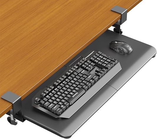 ERGOMAKER Keyboard Tray Under Desk, Pull Out Keyboard Tray with C Clamp Mount, 25.6" (29.7" Including Clamps) x 11.8" Slide-Out Platform Computer Drawer for Typing, Keyboard & Mouse Tray, Black