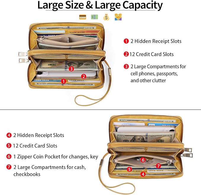 GAEKEAO Wallet for Women Clutch RFID Blocking Wristlet Leather Purse Large Capacity Credit Card Holder with Grip Hand Strap