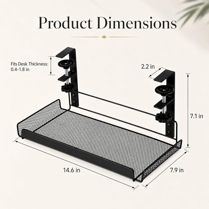 Under Desk Cable Management Tray, No Drill Under Desk Shelf with Clamp for 0.4-1.8 in Table, Black Metal Mesh Wire Organizer for Power Strips and Cord Storage in Home Office