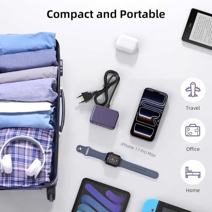 6 in 1 USB Charger, 50% Smaller Charging Station for Multiple Devices, 100W Fast Charging Blocks with Type C Ports, USB Charging Hub Organizer Multiport Power Strip for iPhone, Ipad, Kindle, Travel