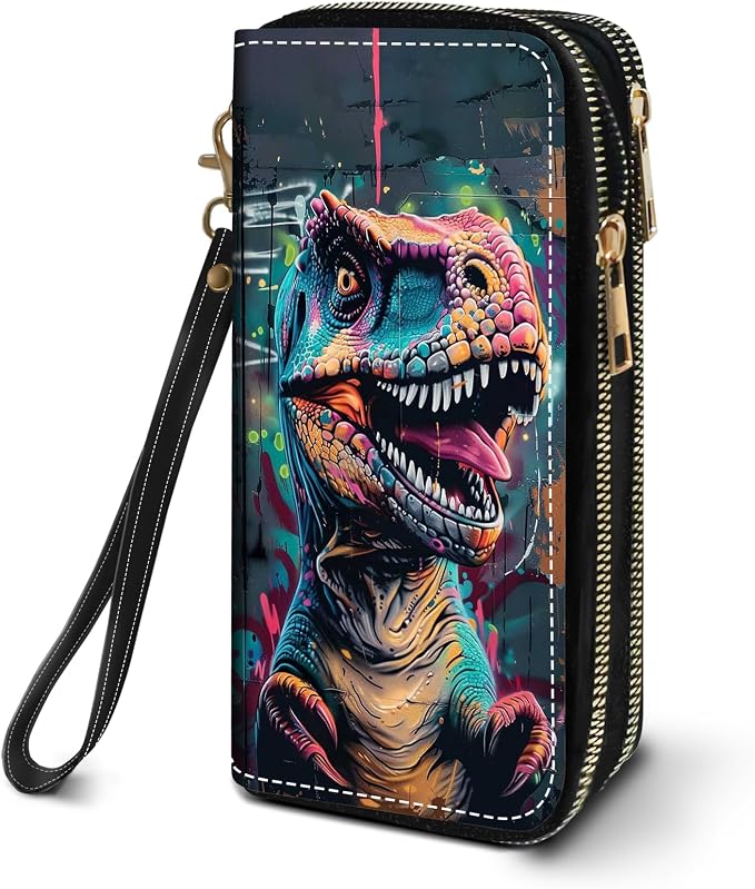 Women's Large Capacity Wallet PU Leather Double Zipper Clutch Purse Multifunctional Wallet with Removable Wristlet Strap for Smart Phone/Coin/Card/Cash - Dinosaur
