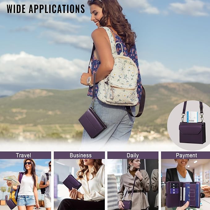 ASAPDOS RFID Blocking Family Passport Holder Wallet,Hold 3-4 Passports for Travel with Credit Card Slots & Wrist Crossbody Strap Purple