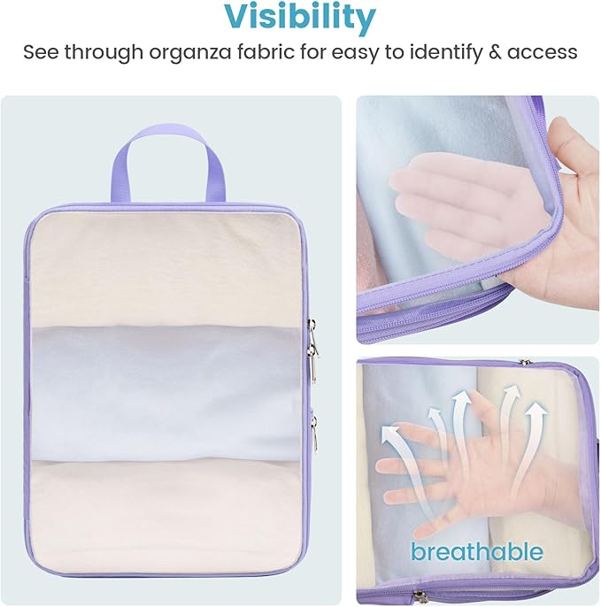 Cambond Mesh Compression Packing Cubes - 6 Piece Expandable See Through Packing Cubes for travel with Shoe and Makeup Bag, Travel Cubes for Packing Organizers Travel Accessories for Suitcases, Purple