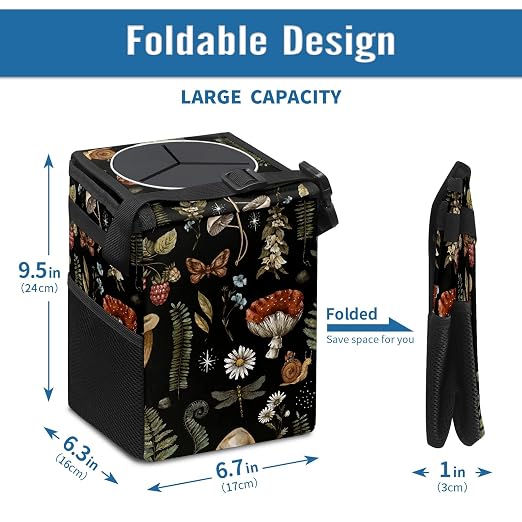 Vintage Botanical Mushrooms Trash Can with Lid - Collapsible Reusable Waterproof Garage Bag, Automotive Garbage Can, Car Accessories Interior Organizer