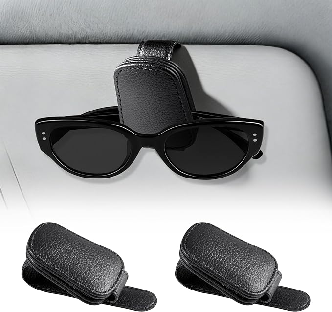 Meliya 2 Pcs Sunglass Holder, Magnetic Leather Ticket Card Clip for Car Sun Visor Accessories for Different Size Eyeglasses