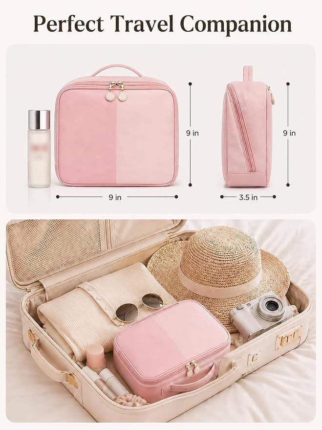 Large Travel Makeup Bag for Women, Large Makeup Bag Organizer with Brush Compartment, Upright Cosmetic Bag and Toiletry Bag, Wipe-Clean PU Makeup Pouch, Pink