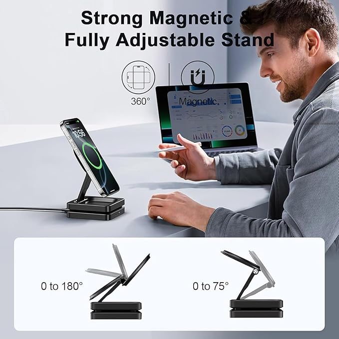 3 in 1 Wireless Charger Charging Stand Station Foldable for Mag-Safe Charging, 15W Fast Charge iPhone 17 Pro Max/17 Air/16/15/14 Plus/13/12 Mini,Air Pods,Apple Watch Series