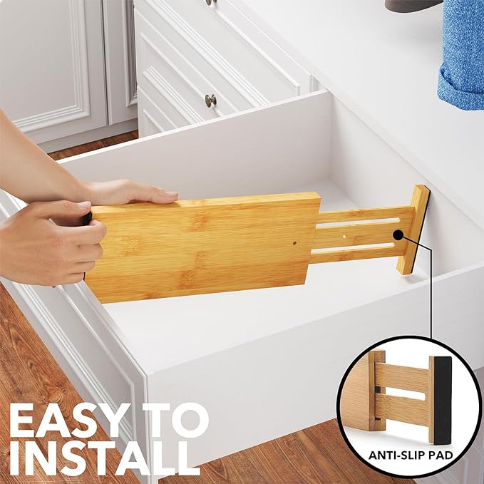 SpaceAid Bamboo 4 Pack Dresser Drawer Dividers, 4.65??High Adjustable 12.5??17??Drawer Organizers, Expandable Organization for Clothing, Clothes, Dressers, Natural