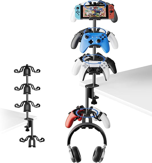 Rotatable Aluminum Desk Clamp Controller Holder, 4 Tier Universal Under Desk Controller Headphone Stand Compatible with Xbox PS5 Nintendo Switch PS4, Gaming Headset Holder Hanger (Black)
