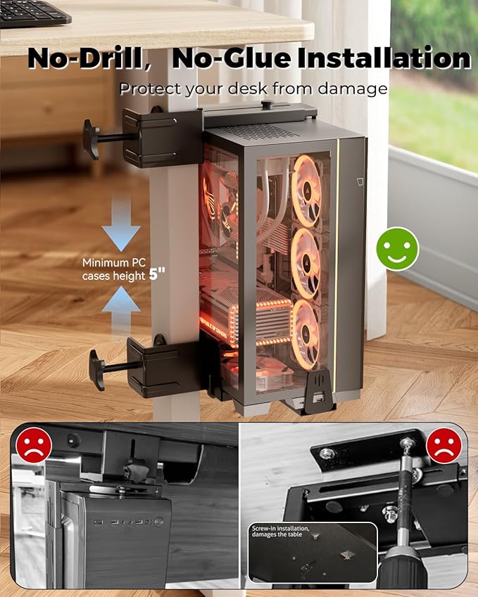 JOY worker No Drilling Under Desk PC Mount for Standing Desk, Clamp-On Desk Leg Computer Mount with Extra Protective Arms, Adjustable Computer Case CPU Holder Holds Up to 44lbs, Black