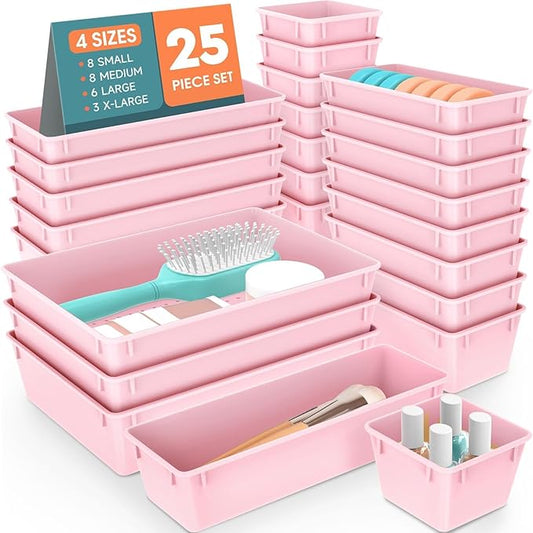 SpaceHacks 25 PCS Plastic Drawer Organizer Set, 4-Size Versatile Organizer Trays & Storage Bins for Makeup, Jewelry, and Gadgets in Bathroom, Bedroom and Office, Pink
