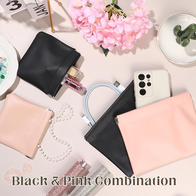 4PCS Pocket Cosmetic Bag Squeeze Top, Small Makeup Bag for Purse Portable Mini Coin Change Purse Self-Closing Cosmetic Purse Small Leather Makeup Lipstick Organizer Pouches(BlackPink)