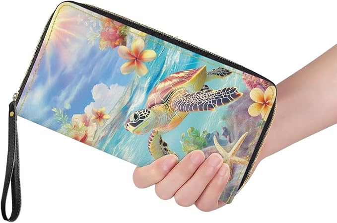 Bulopur Floral Sea Turtle Wallet for Women Tropical Hibiscus Floral Wristlet Wallet Purse Envelope Long Wallets PU Leather Travel Wallet Passport Holder for Ladies