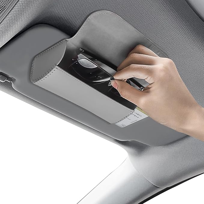 Sunglasses Holder for Car Sun Visor, Leather Auto Eyeglasses Storage Case with Hidden Magnetic Closure, Universal Protective Glasses Organizer Box, Visor Accessories for Woman Man (Gray)