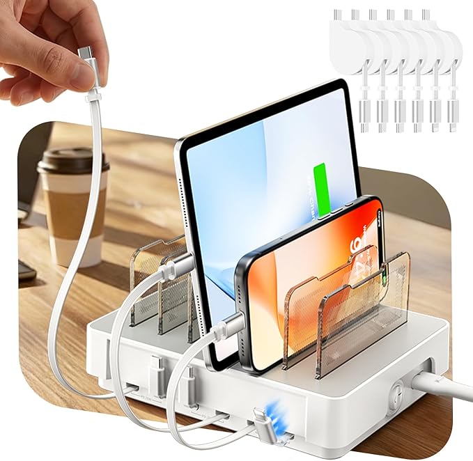 SooPii HomeHub H1 Charging Station for multiple devices,Upgraded 6-Port Desktop Fast Charger with 6 Retractable Cablesï¼?*C+2*iPï¼?60W PD charger station for iPhone/Tablet,Tangle-Free Charging Organizer