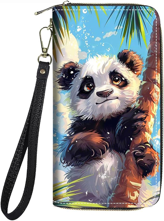 Women's Large Capacity Wallet PU Leather Zip Around Clutch Purse Multifunctional Wallet with Removable Wristlet Strap for Smart Phone/Coin/Card/Cash, Watercolor Art Panda