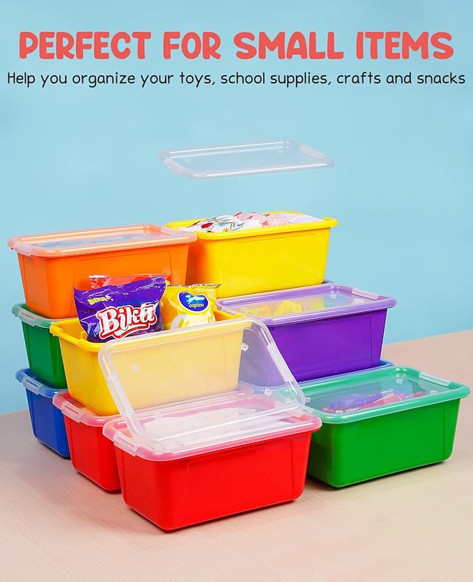 GAMENOTE 6 Quart Storage Bins with Lids,12 Pack Rainbow Plastic Latching Box for Classroom&Kids Toy Storage Opaque Stackable Shoe Box Size Containers for STEM Morning Tubs, Crafts & Building Blocks