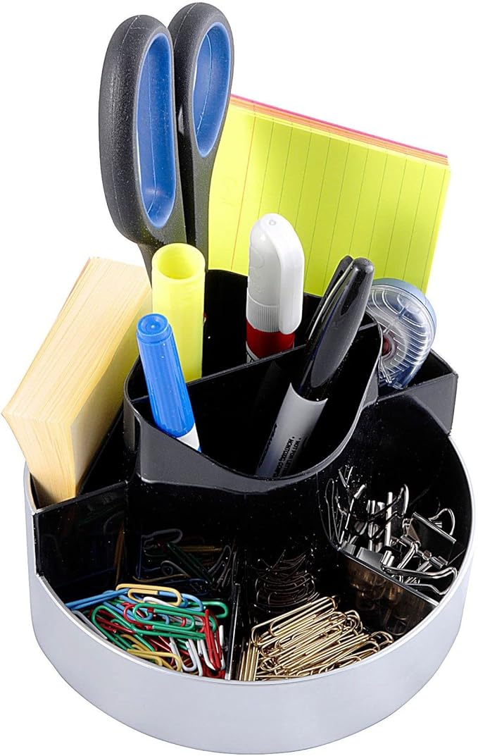 Kantek Rotating Desk Organizer, 8 Compartments, Plastic, 6 x 5.75 x 4.5, Black/Silver
