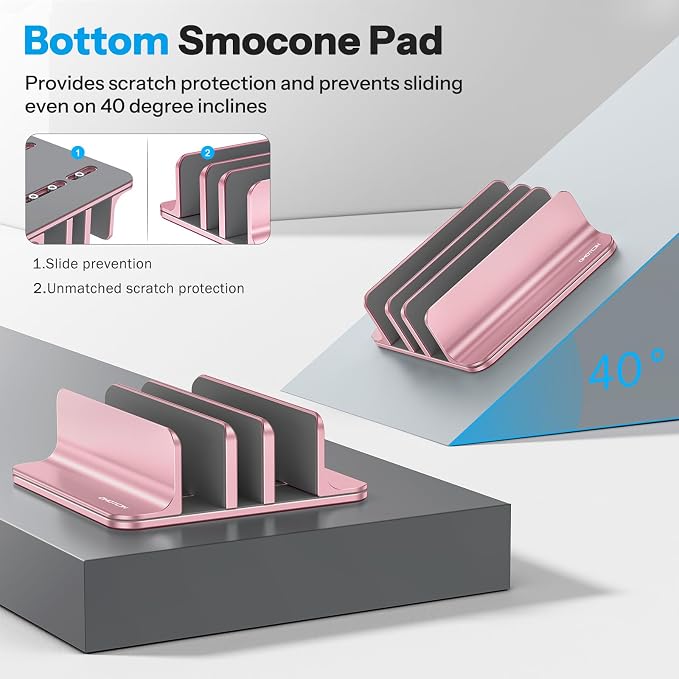 OMOTON Vertical Laptop Stand [Updated 3-Solts Version], Desktop Aluminum Mac Book Stand with Adjustable Dock Size, Fits All Mac Book, Surface, Chrome Book and Gaming Laptops (Up to 17.3 in),Rosegold