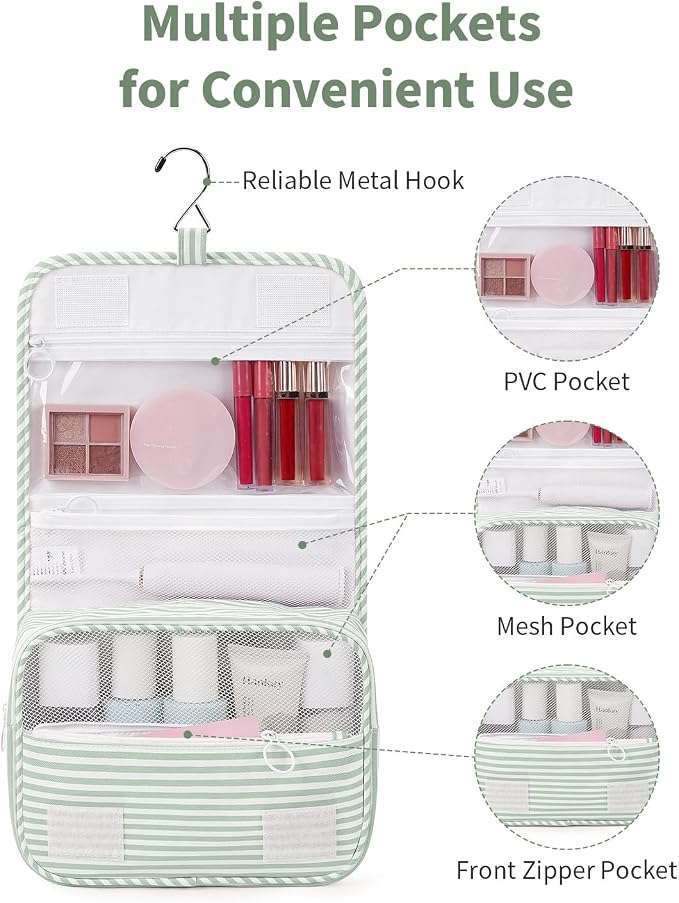Narwey Small Hanging Toiletry Bag for Travel Women Girl, Striped Toiletries Travel Bag with Hook, Hanging Makeup Bag Organizer Make Up Cosmetic Bags, Gifts for Kids Teen (Mint Green Stripe)
