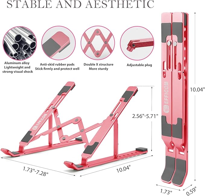 Laptop Stand for Desk, Ergonomic Lap Riser, Portable Laptop Stand, Aluminum Lightweight Foldable Notebook Support, Compatible with Laptop 10-15.6'' and Tablet, Phone (Pink)