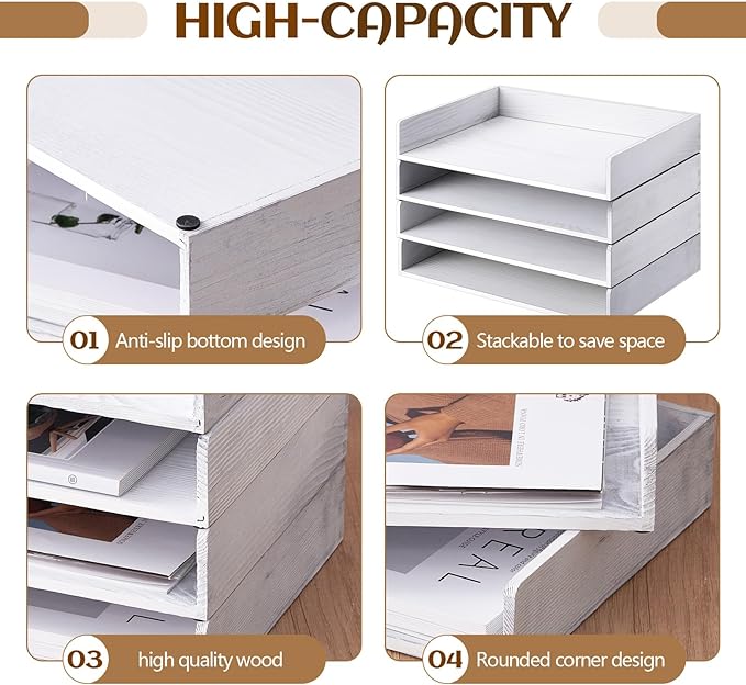 Yeaqee 4 Pcs Stackable Paper Organizer Tray Wood Desk Organizer Letter Tray Paper Holder Desktop Letter Size Office Wooden Desk Shelf Folder Organization Rack for Mail File Document (Vintage White)