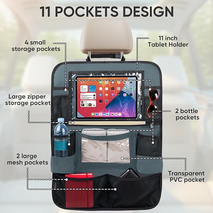 BALEINE Backseat Car Organizer, Back Seat Car Organizers and Storage, Kick Mats Back Seat Protector, Travel Accessories for Most Automotive (2 Pack, Gray)