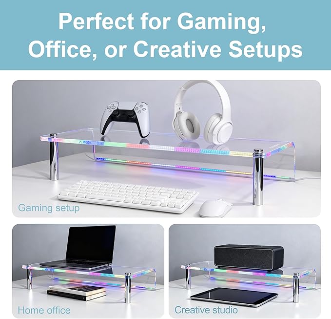 Acrylic Monitor Stand with WRGB Lights, Music Sync Clear Desk Riser with App & Button Control, Off Desktop Shelf for Gaming Setup and Home Office, Computer, Laptop, Printer, 23.6 Inch